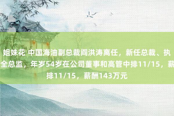 姐妹花 中国海油副总裁阎洪涛离任，新任总裁、执行董事及安全总监，年岁54岁在公司董事和高管中排11/15，薪酬143万元