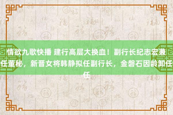 情欲九歌快播 建行高层大换血！副行长纪志宏兼任董秘，新晋女将韩静拟任副行长，金磐石因龄卸任